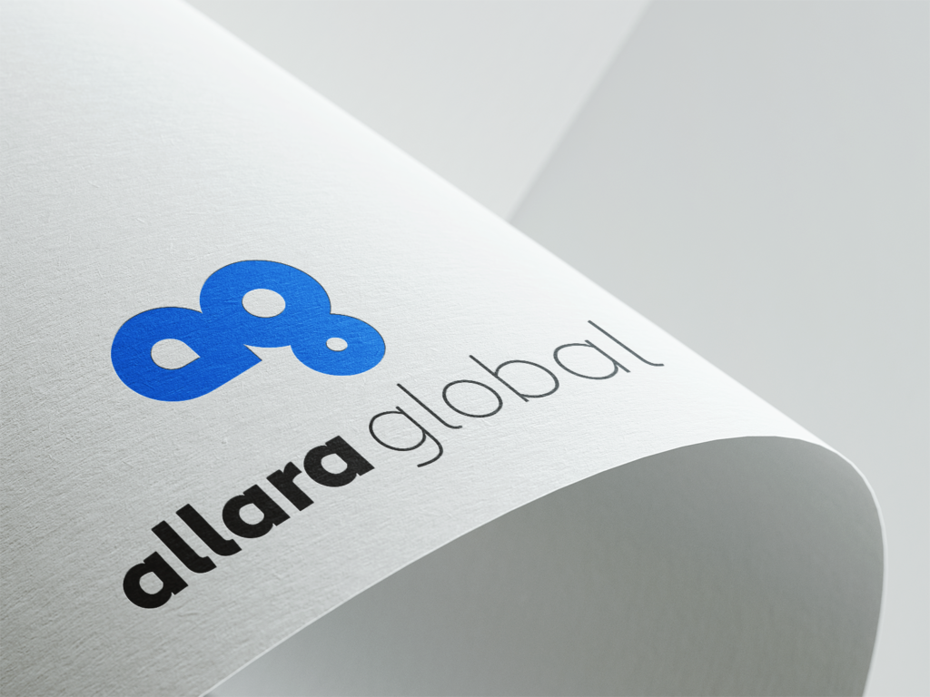 Allara Global logo on curled paper