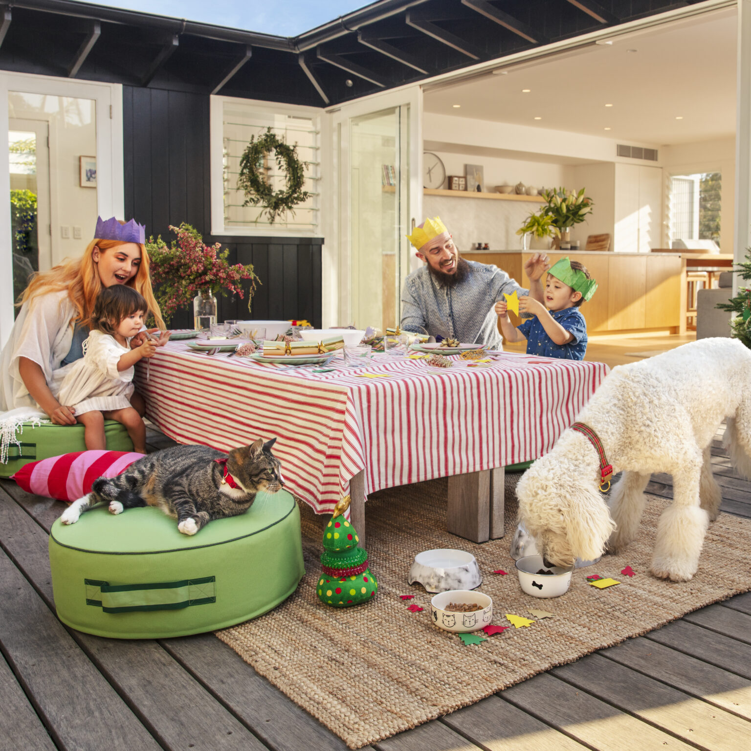 A family celebrates a Christmas lunch at an outdoor table which a dog and cat nearby