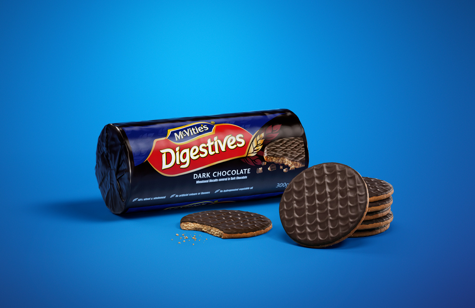 McVities Dark Chocolate Digestives biscuits on a blue background