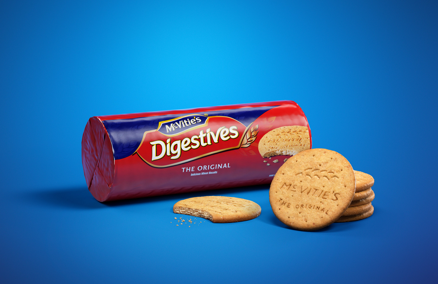 McVities Original Digestives biscuits on a blue background