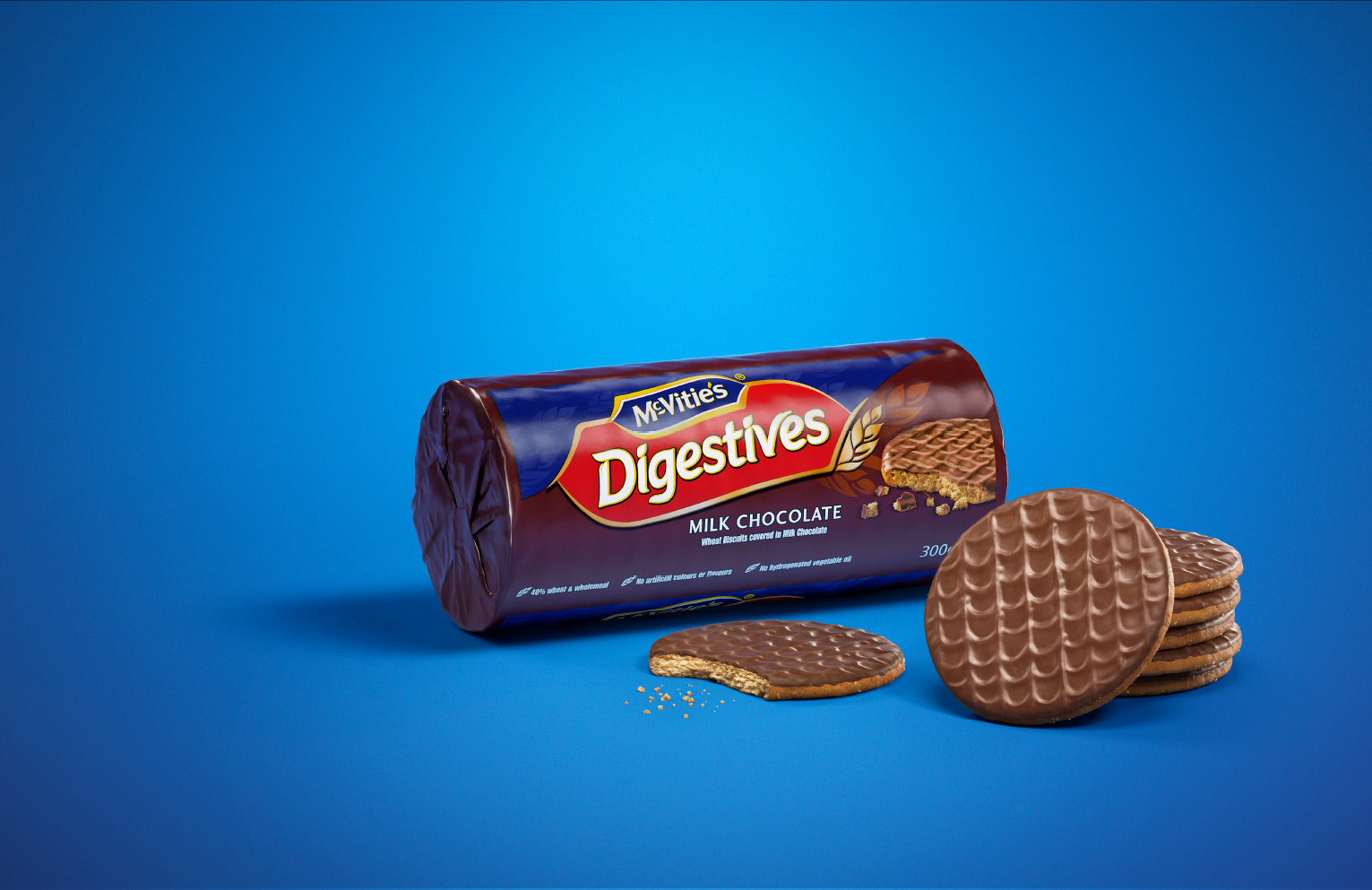 McVities Milk Chocolate Digestives biscuits on a blue background