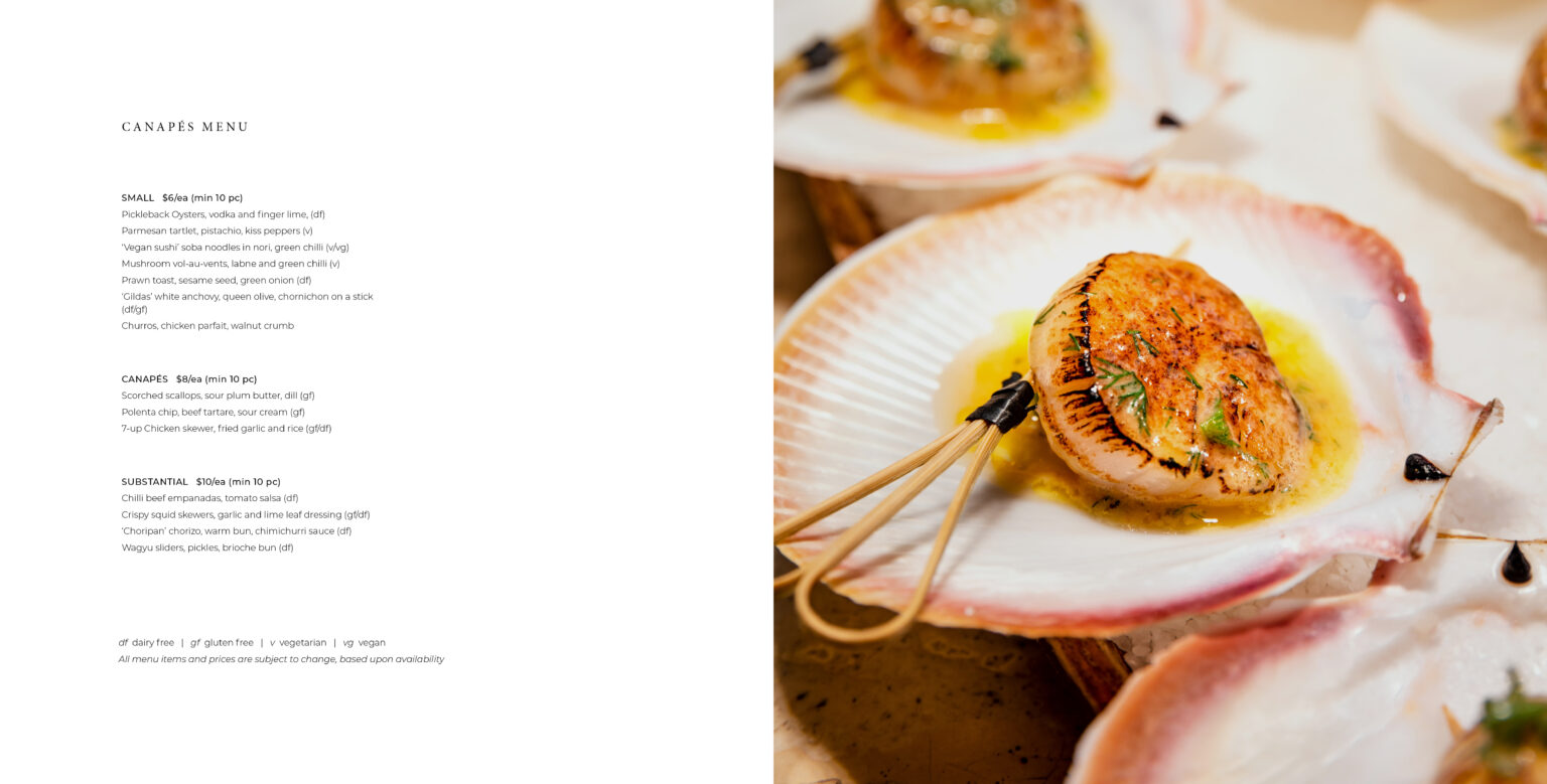 A two-page spread from a brochure. On the right is text used for demonstration, on the left is a photo of scallops.