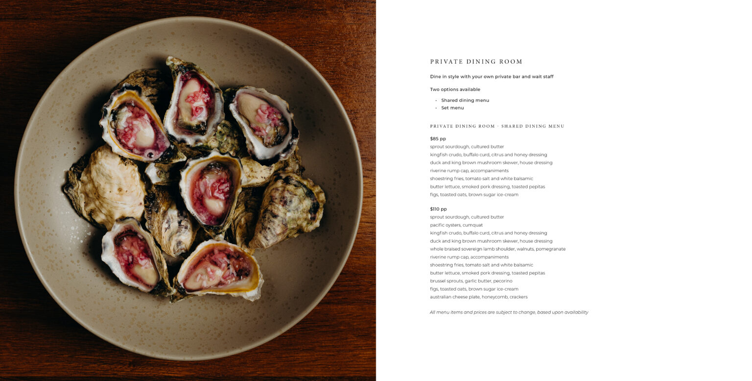 A two-page spread from a catalogue. On the left is a photo of oysters served in a beige bowl, on the right is text used for demonstration.