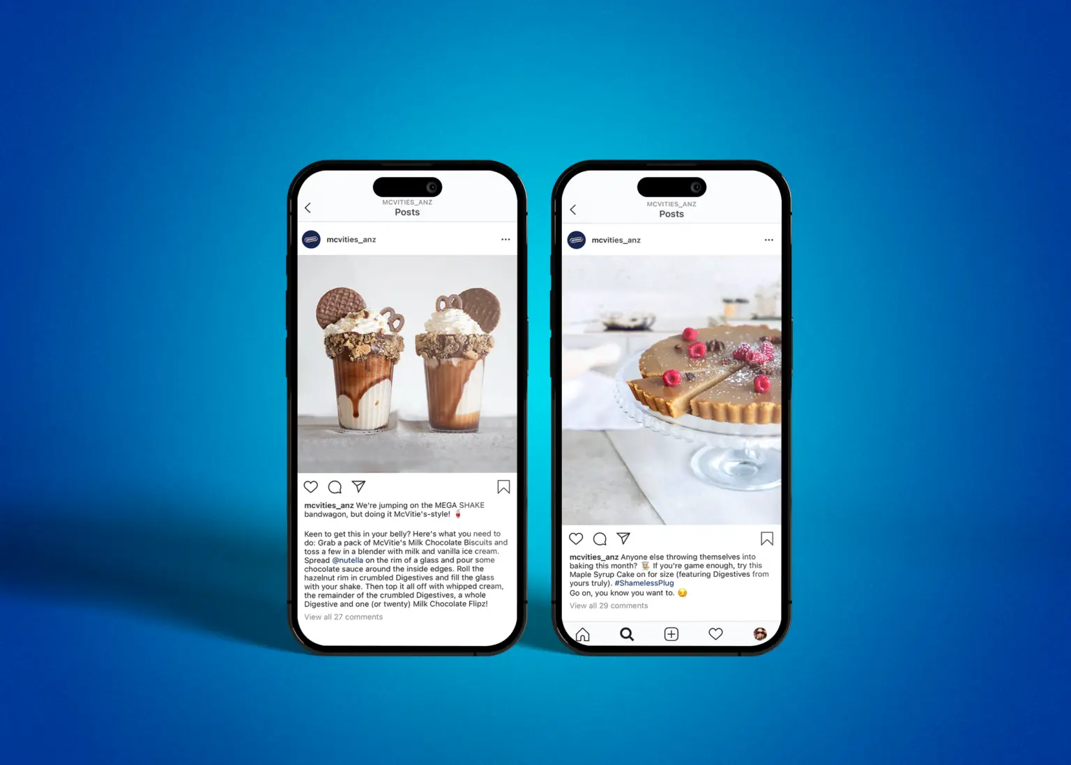 A mockup of two phone screens showing social media posts, on a blue background