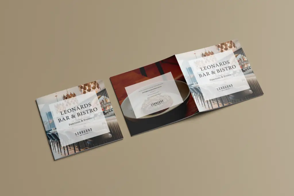 A mockup of the covers of a restaurant brochure.