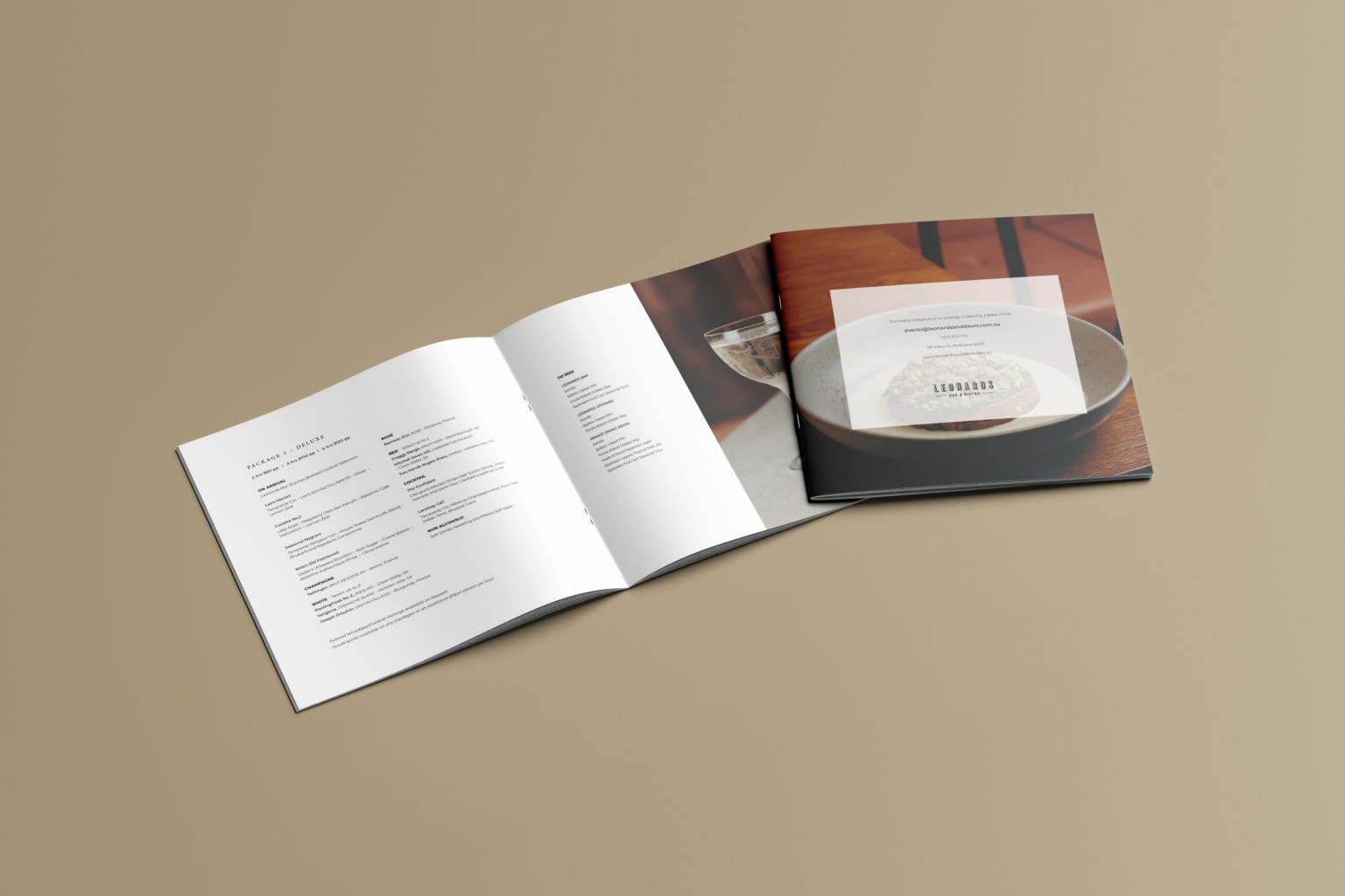 A mockup of the back cover and an inner page of a restaurant brochure.