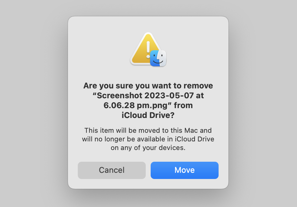 A screenshot of the iCloud Drive alert dialog which pops up when removing a file from iCloud Drive